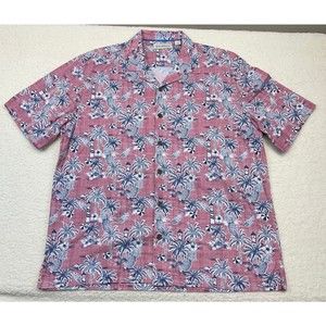 Caribbean Mens Tropical Print Short Sleeve Casual Button Shirt Large Cotton Red